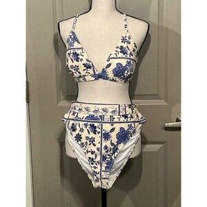 Cupshe Live Life on the Beach Off White and Blue Floral 2 Piece Swim Suit Sz XL